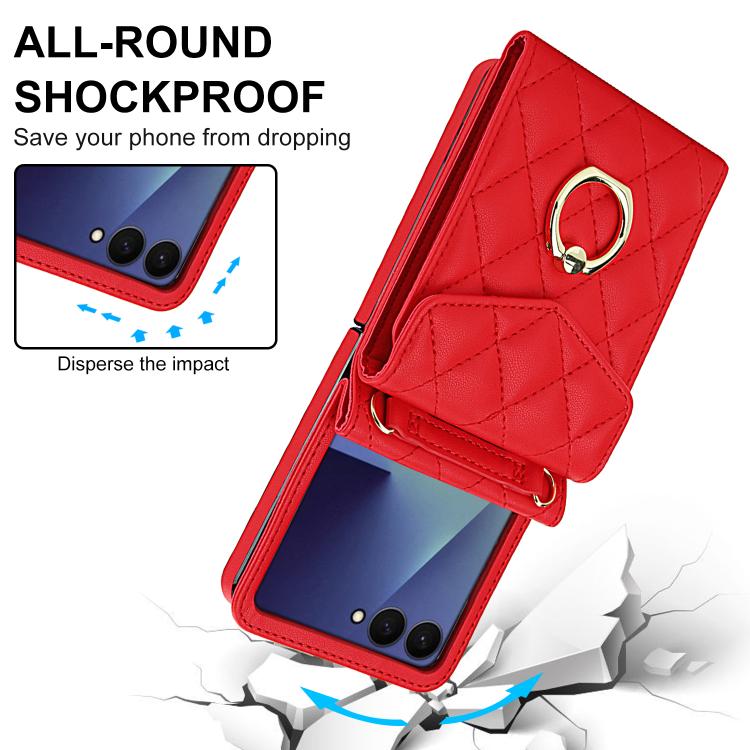 For Samsung Galaxy Z Flip7 5G Diamond Lattice RFID Card Slot Phone Case with Ring Holder