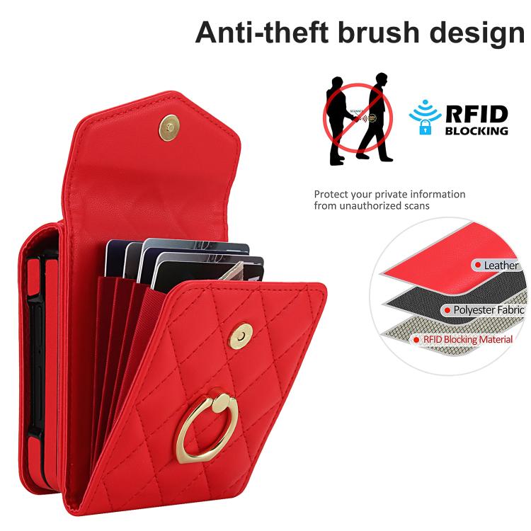 For Samsung Galaxy Z Flip7 5G Diamond Lattice RFID Card Slot Phone Case with Ring Holder