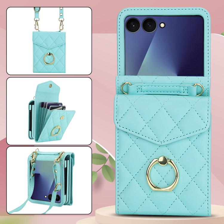 For Samsung Galaxy Z Flip7 5G Diamond Lattice RFID Card Slot Phone Case with Ring Holder