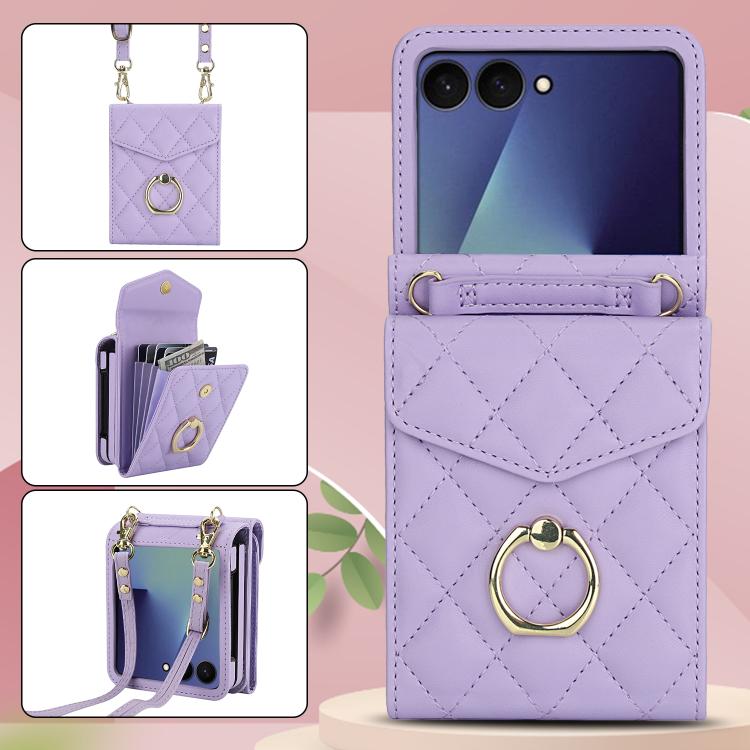 For Samsung Galaxy Z Flip7 5G Diamond Lattice RFID Card Slot Phone Case with Ring Holder