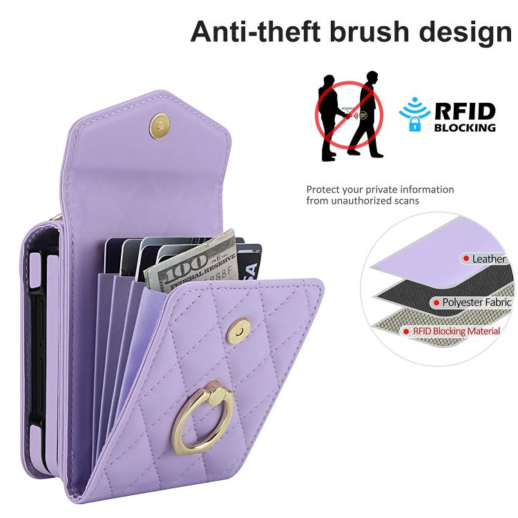 For Samsung Galaxy Z Flip7 5G Diamond Lattice RFID Card Slot Phone Case with Ring Holder