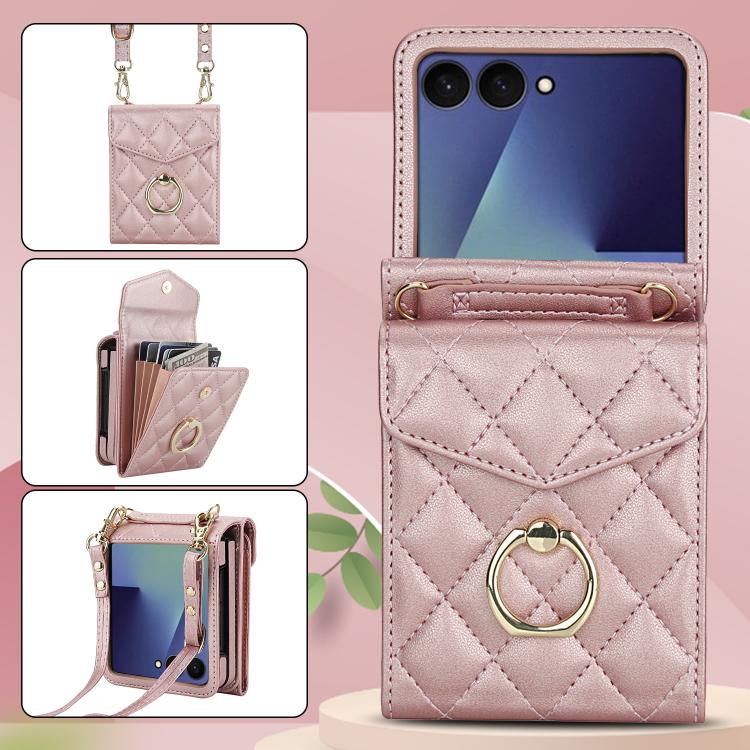 For Samsung Galaxy Z Flip7 5G Diamond Lattice RFID Card Slot Phone Case with Ring Holder