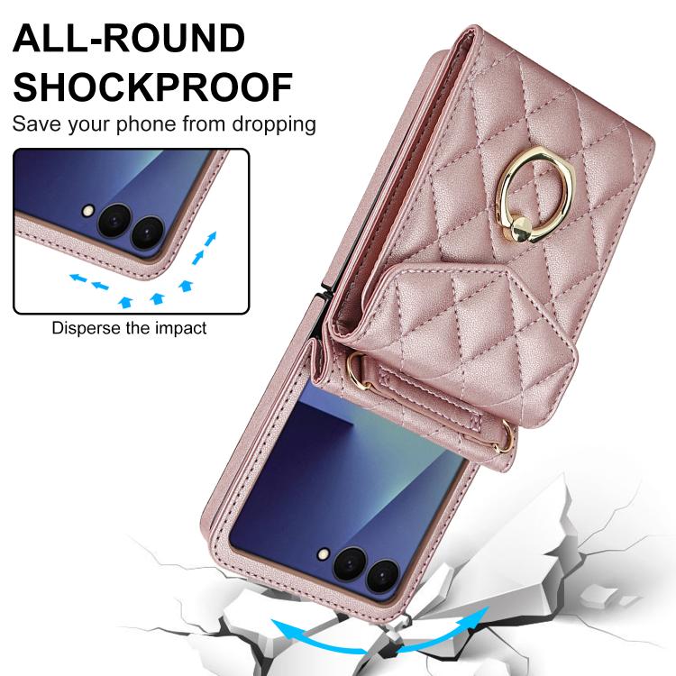 For Samsung Galaxy Z Flip7 5G Diamond Lattice RFID Card Slot Phone Case with Ring Holder