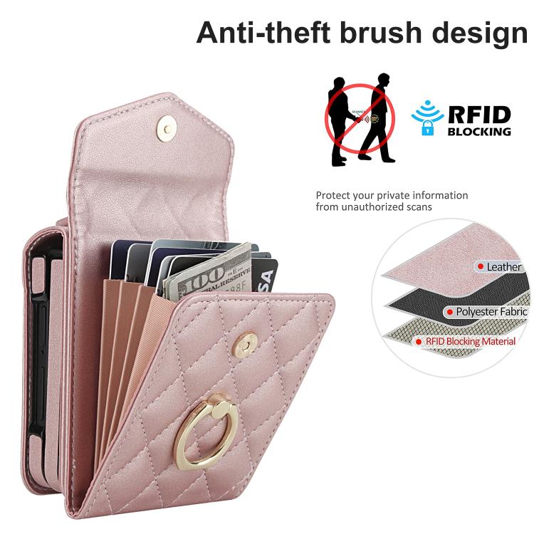 For Samsung Galaxy Z Flip7 5G Diamond Lattice RFID Card Slot Phone Case with Ring Holder