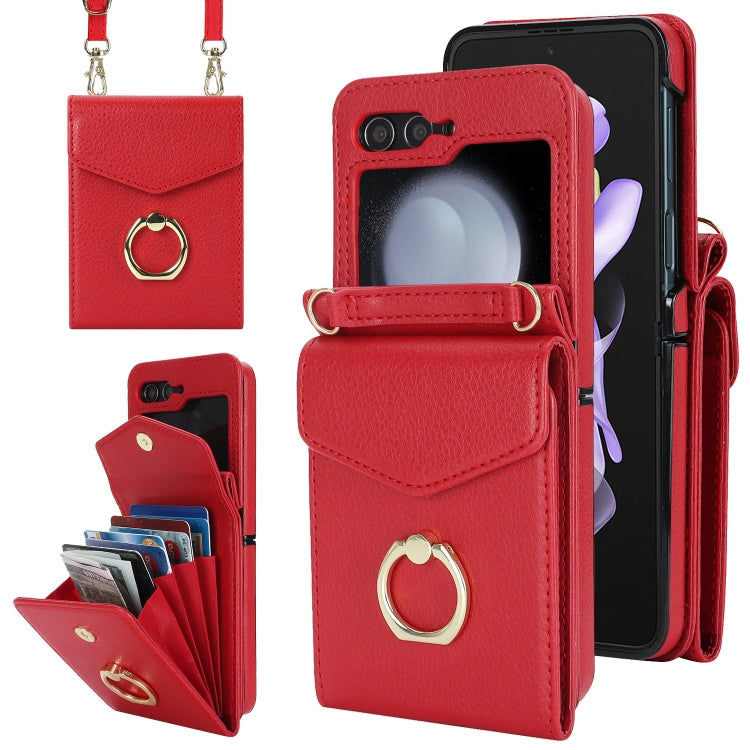 For Samsung Galaxy Z Flip5 Litchi Texture RFID Card Slot Phone Case with Ring Holder