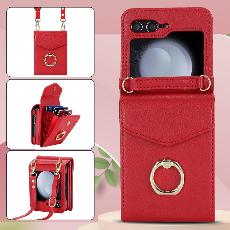 For Samsung Galaxy Z Flip5 Litchi Texture RFID Card Slot Phone Case with Ring Holder