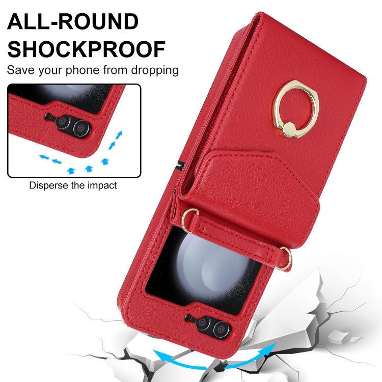 For Samsung Galaxy Z Flip5 Litchi Texture RFID Card Slot Phone Case with Ring Holder