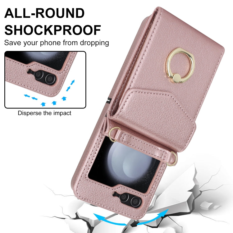 For Samsung Galaxy Z Flip5 Litchi Texture RFID Card Slot Phone Case with Ring Holder