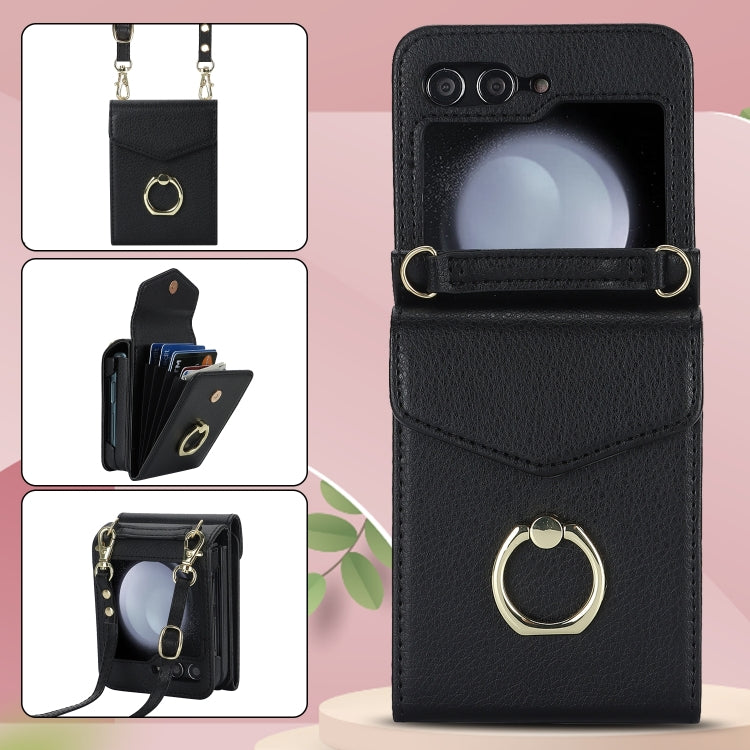 For Samsung Galaxy Z Flip6 / Flip7 FE Litchi Texture RFID Card Slot Phone Case with Ring Holder