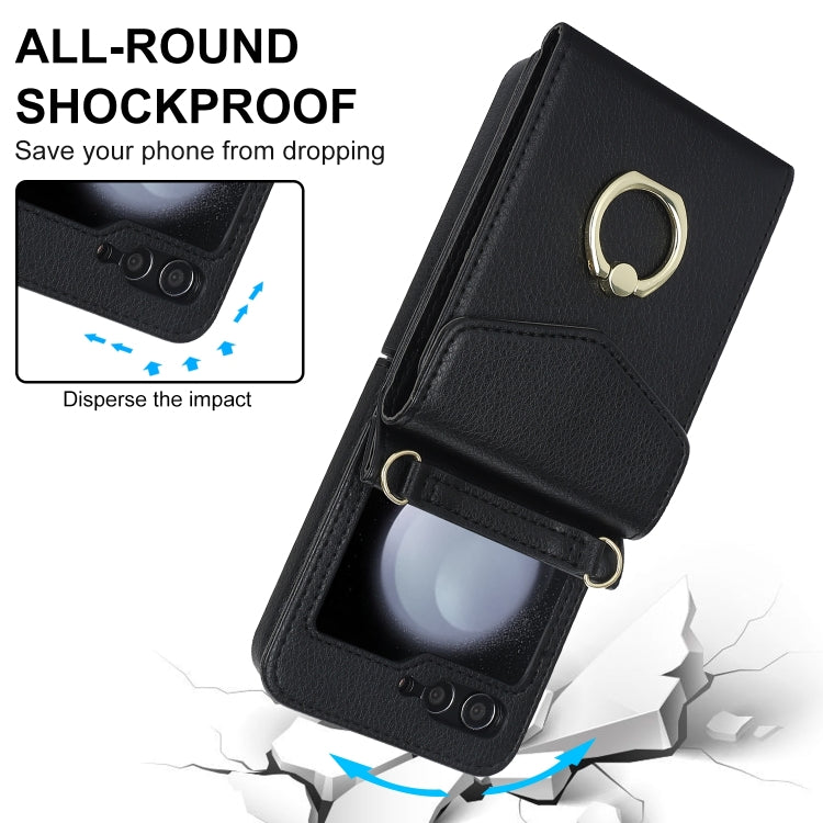 For Samsung Galaxy Z Flip6 / Flip7 FE Litchi Texture RFID Card Slot Phone Case with Ring Holder