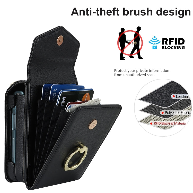 For Samsung Galaxy Z Flip6 / Flip7 FE Litchi Texture RFID Card Slot Phone Case with Ring Holder