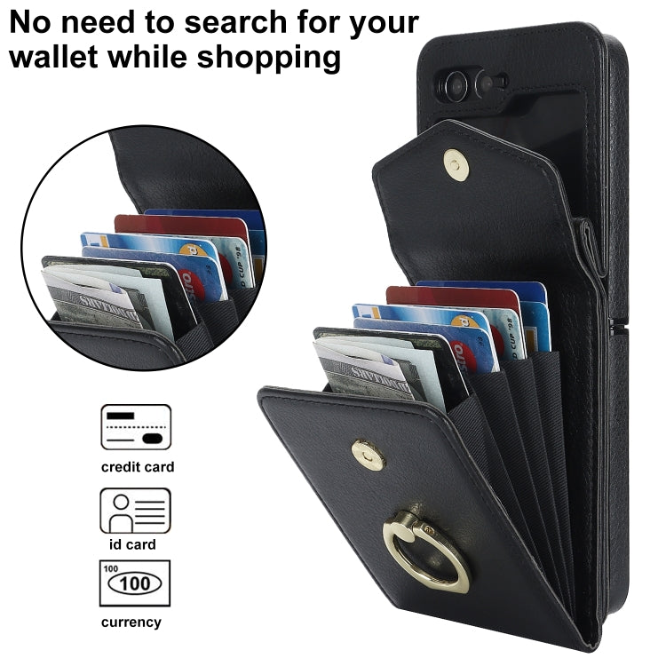 For Samsung Galaxy Z Flip6 / Flip7 FE Litchi Texture RFID Card Slot Phone Case with Ring Holder