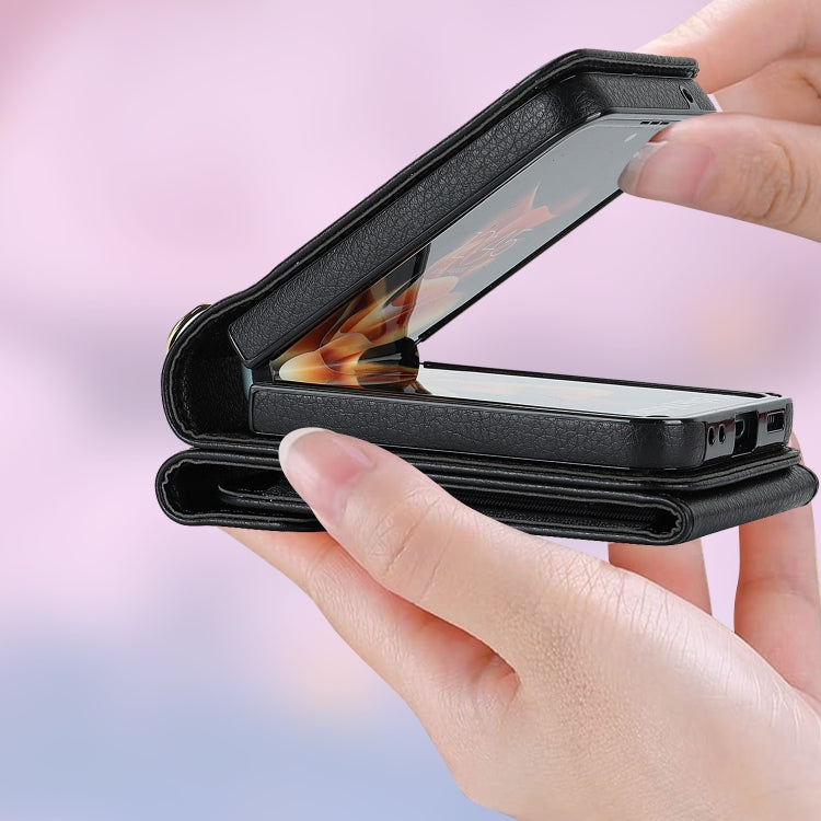 For Samsung Galaxy Z Flip6 / Flip7 FE Litchi Texture RFID Card Slot Phone Case with Ring Holder