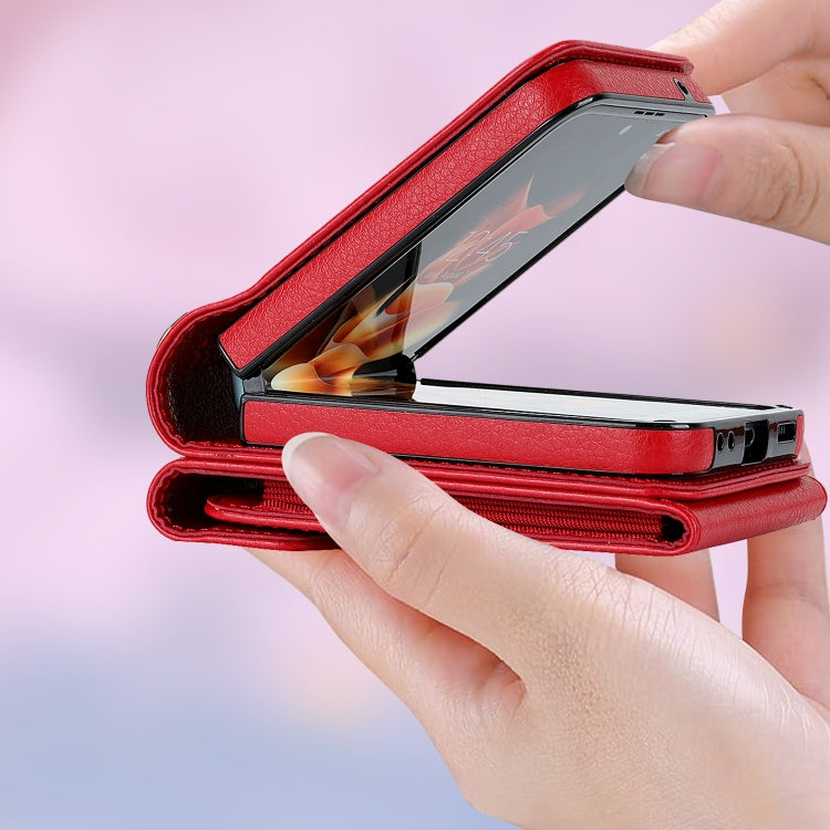 For Samsung Galaxy Z Flip6 / Flip7 FE Litchi Texture RFID Card Slot Phone Case with Ring Holder