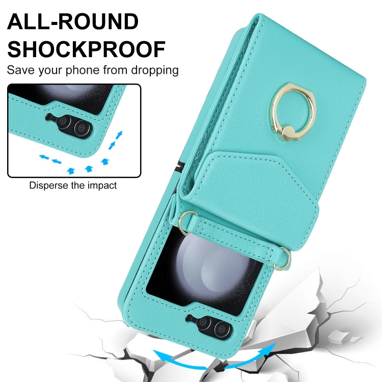 For Samsung Galaxy Z Flip6 / Flip7 FE Litchi Texture RFID Card Slot Phone Case with Ring Holder