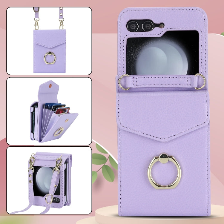 For Samsung Galaxy Z Flip6 / Flip7 FE Litchi Texture RFID Card Slot Phone Case with Ring Holder