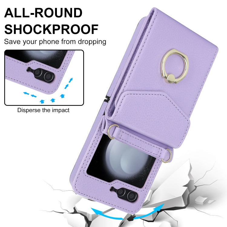 For Samsung Galaxy Z Flip6 / Flip7 FE Litchi Texture RFID Card Slot Phone Case with Ring Holder