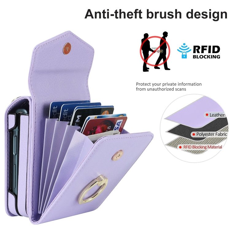 For Samsung Galaxy Z Flip6 / Flip7 FE Litchi Texture RFID Card Slot Phone Case with Ring Holder
