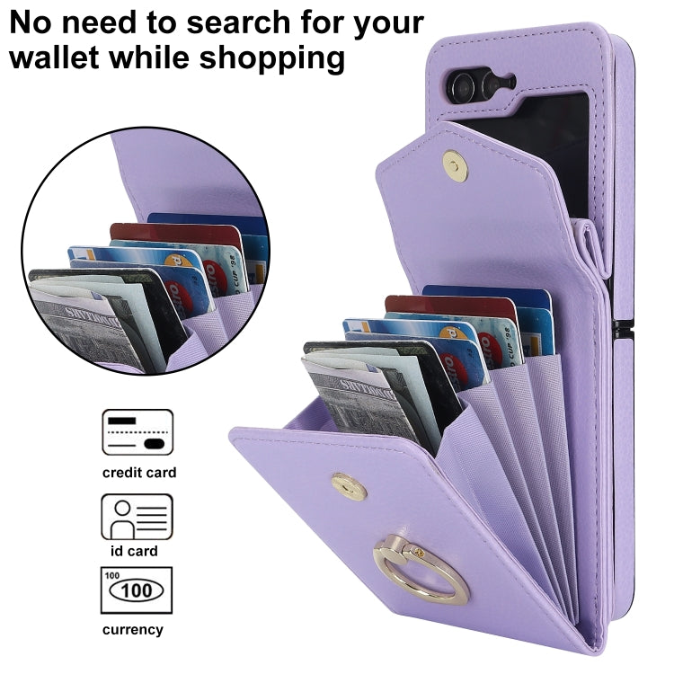 For Samsung Galaxy Z Flip6 / Flip7 FE Litchi Texture RFID Card Slot Phone Case with Ring Holder