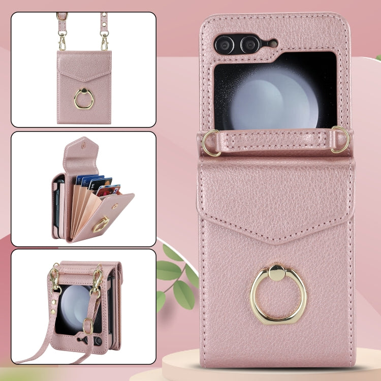 For Samsung Galaxy Z Flip6 / Flip7 FE Litchi Texture RFID Card Slot Phone Case with Ring Holder