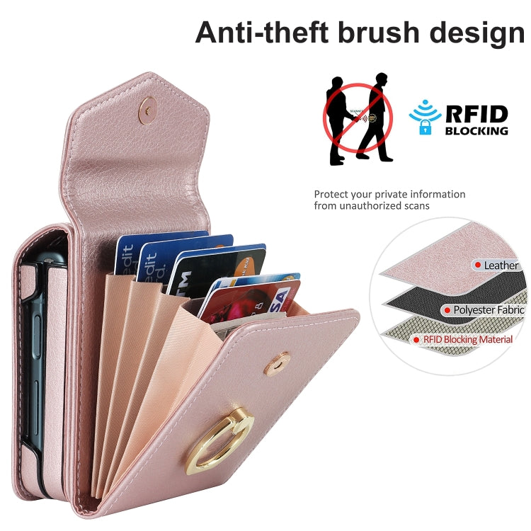 For Samsung Galaxy Z Flip6 / Flip7 FE Litchi Texture RFID Card Slot Phone Case with Ring Holder