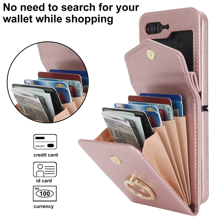 For Samsung Galaxy Z Flip6 / Flip7 FE Litchi Texture RFID Card Slot Phone Case with Ring Holder