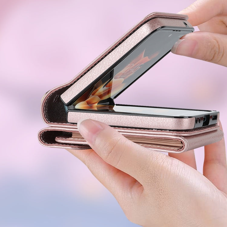 For Samsung Galaxy Z Flip6 / Flip7 FE Litchi Texture RFID Card Slot Phone Case with Ring Holder