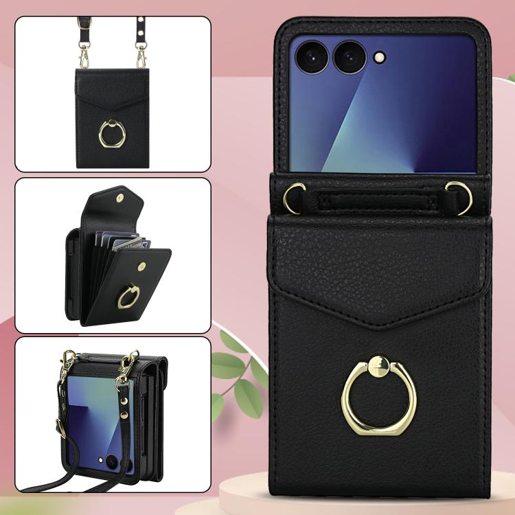For Samsung Galaxy Z Flip7 5G Litchi Texture RFID Card Slot Phone Case with Ring Holder