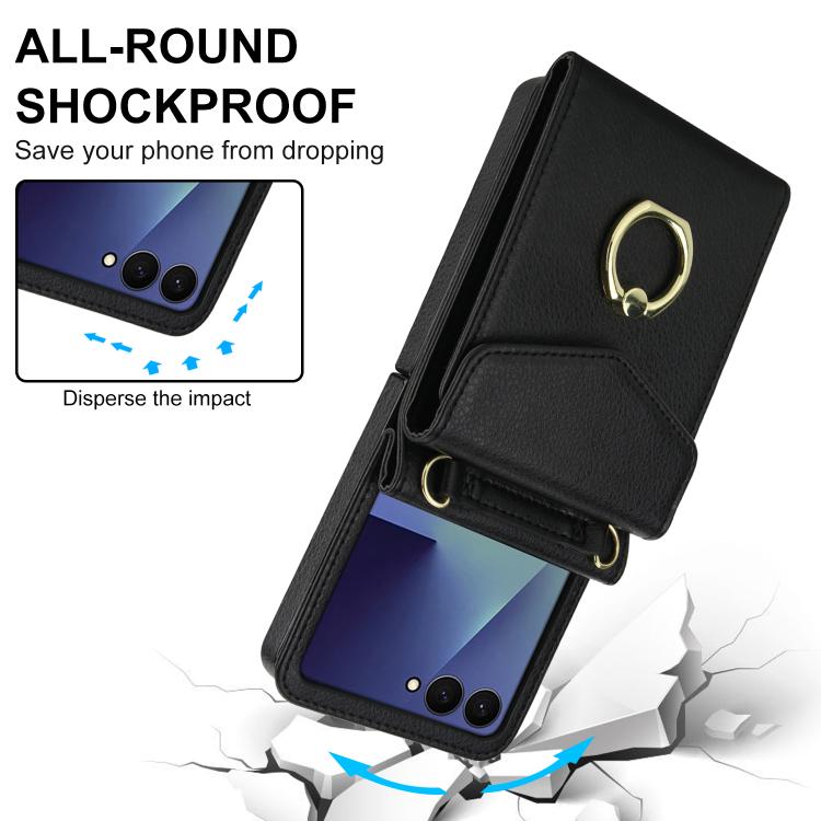 For Samsung Galaxy Z Flip7 5G Litchi Texture RFID Card Slot Phone Case with Ring Holder