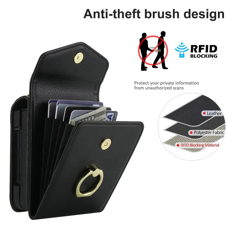 For Samsung Galaxy Z Flip7 5G Litchi Texture RFID Card Slot Phone Case with Ring Holder