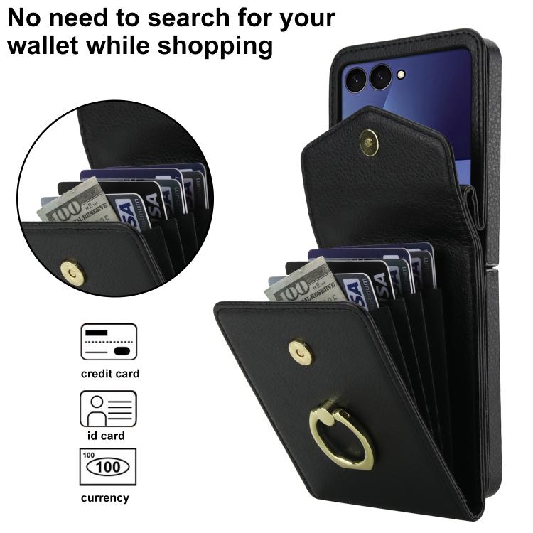 For Samsung Galaxy Z Flip7 5G Litchi Texture RFID Card Slot Phone Case with Ring Holder