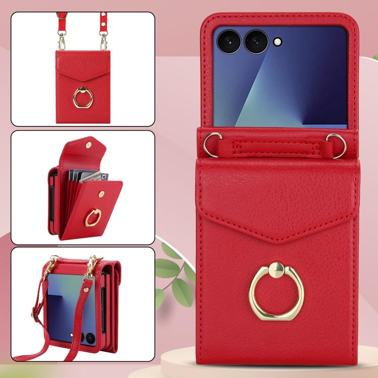 For Samsung Galaxy Z Flip7 5G Litchi Texture RFID Card Slot Phone Case with Ring Holder