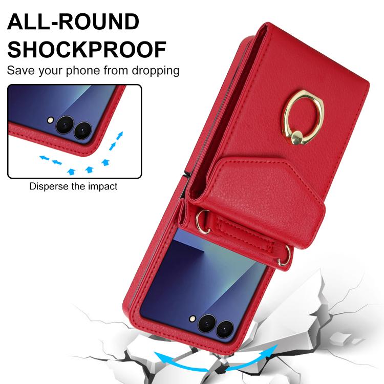 For Samsung Galaxy Z Flip7 5G Litchi Texture RFID Card Slot Phone Case with Ring Holder