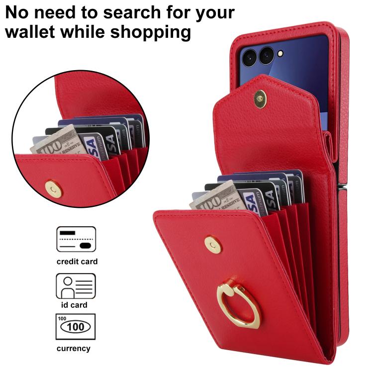 For Samsung Galaxy Z Flip7 5G Litchi Texture RFID Card Slot Phone Case with Ring Holder