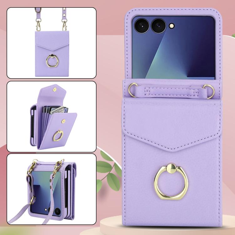 For Samsung Galaxy Z Flip7 5G Litchi Texture RFID Card Slot Phone Case with Ring Holder