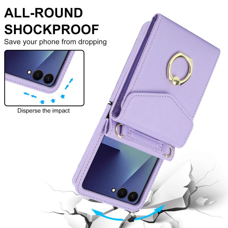 For Samsung Galaxy Z Flip7 5G Litchi Texture RFID Card Slot Phone Case with Ring Holder