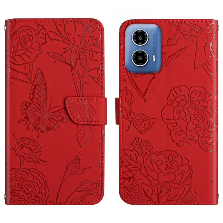 For Motorola Moto G35 5G HT03 Skin Feel Butterfly Embossed Flip Leather Phone Case