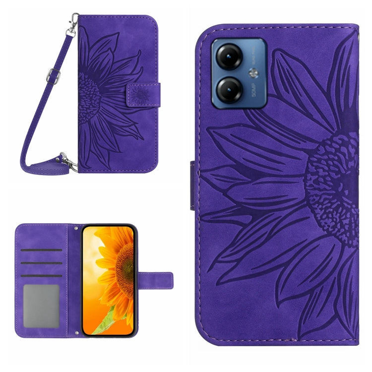 For Motorola Moto G14 HT04 Skin Feel Sun Flower Embossed Flip Leather Phone Case with Lanyard