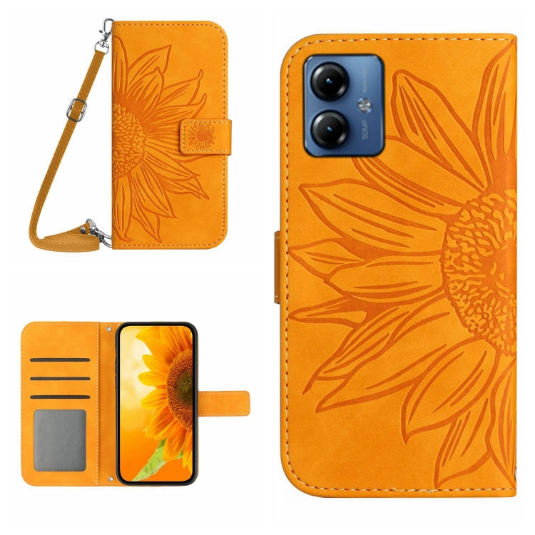 For Motorola Moto G14 HT04 Skin Feel Sun Flower Embossed Flip Leather Phone Case with Lanyard