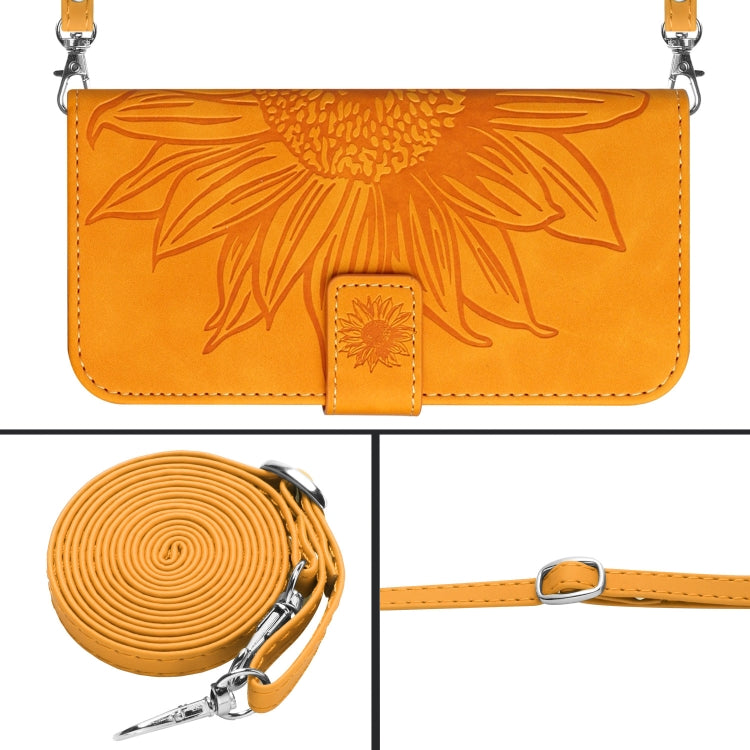 For Motorola Moto G14 HT04 Skin Feel Sun Flower Embossed Flip Leather Phone Case with Lanyard