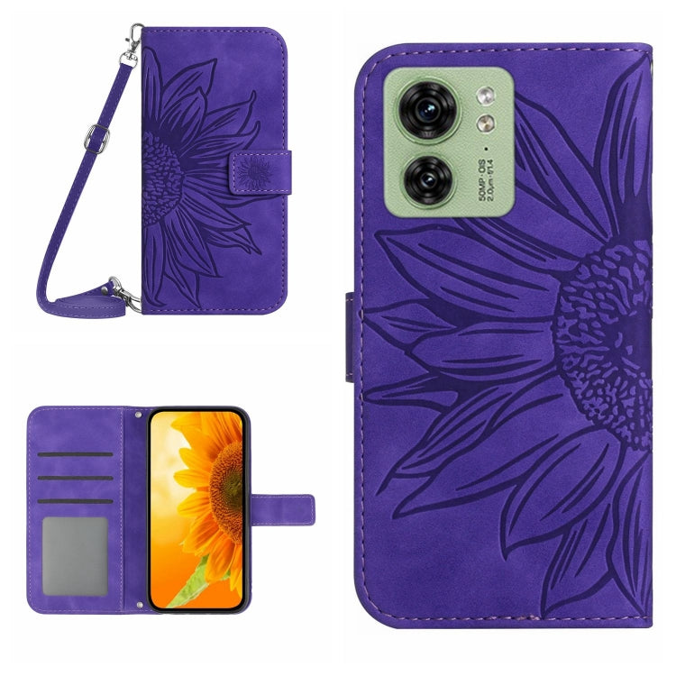 For Motorola Edge 40 HT04 Skin Feel Sun Flower Embossed Flip Leather Phone Case with Lanyard