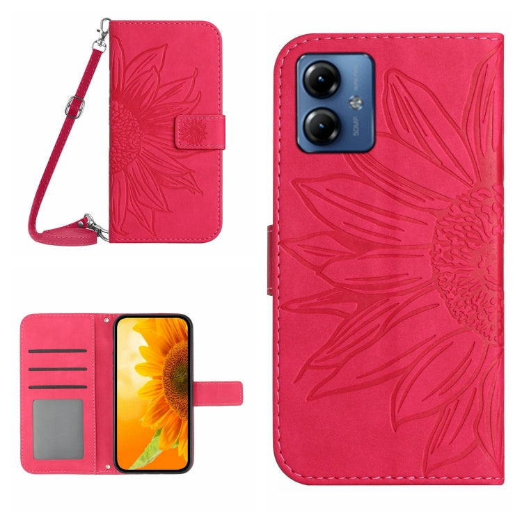 For Motorola Moto G54 HT04 Skin Feel Sun Flower Embossed Flip Leather Phone Case with Lanyard