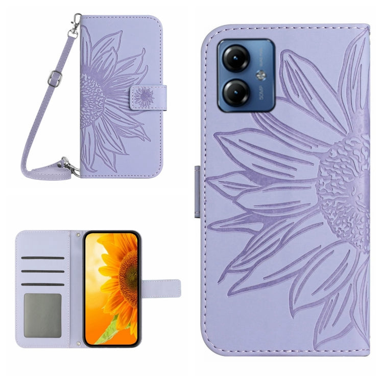 For Motorola Moto G54 HT04 Skin Feel Sun Flower Embossed Flip Leather Phone Case with Lanyard