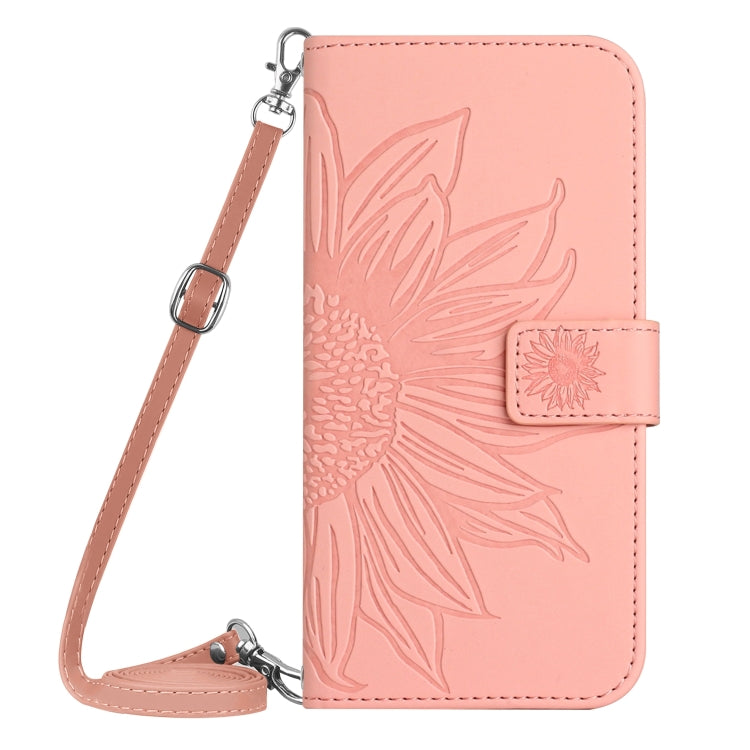 For Motorola Moto E14 HT04 Skin Feel Sun Flower Embossed Flip Leather Phone Case with Lanyard