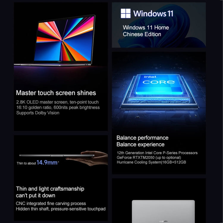 Xiaomi Book Pro 14 2022 Laptop, 16GB+512GB, 14 inch Touch Screen Windows 11 Home Chinese Version, Intel 12th Gen Core i5-1240P Integrated Graphics(Grey)