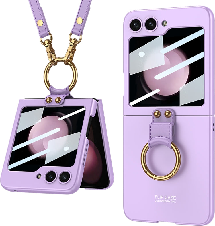 For Samsung Galaxy Z Flip5 GKK Ultra-thin PC Full Coverage Ring Holder Phone Case with Strap