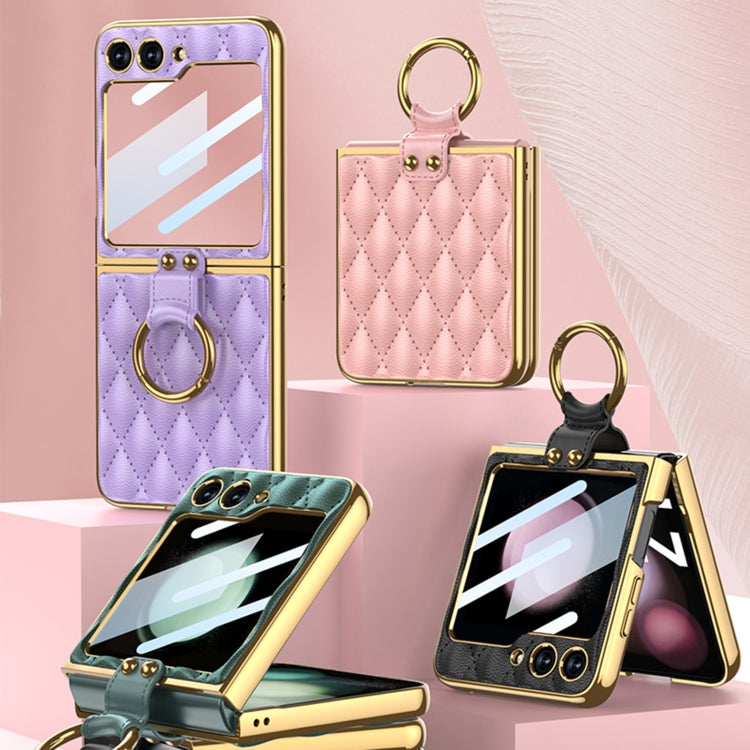 For Samsung Galaxy Z Flip5 GKK Integrated Plating Diamond Texture PU Phone Case with Ring