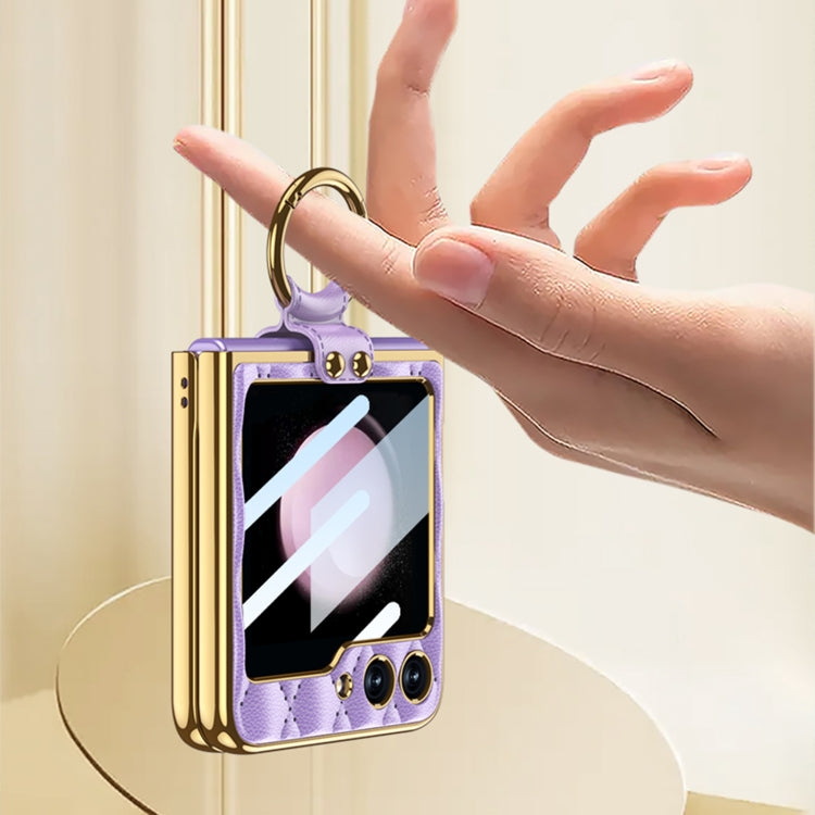 For Samsung Galaxy Z Flip5 GKK Integrated Plating Diamond Texture PU Phone Case with Ring