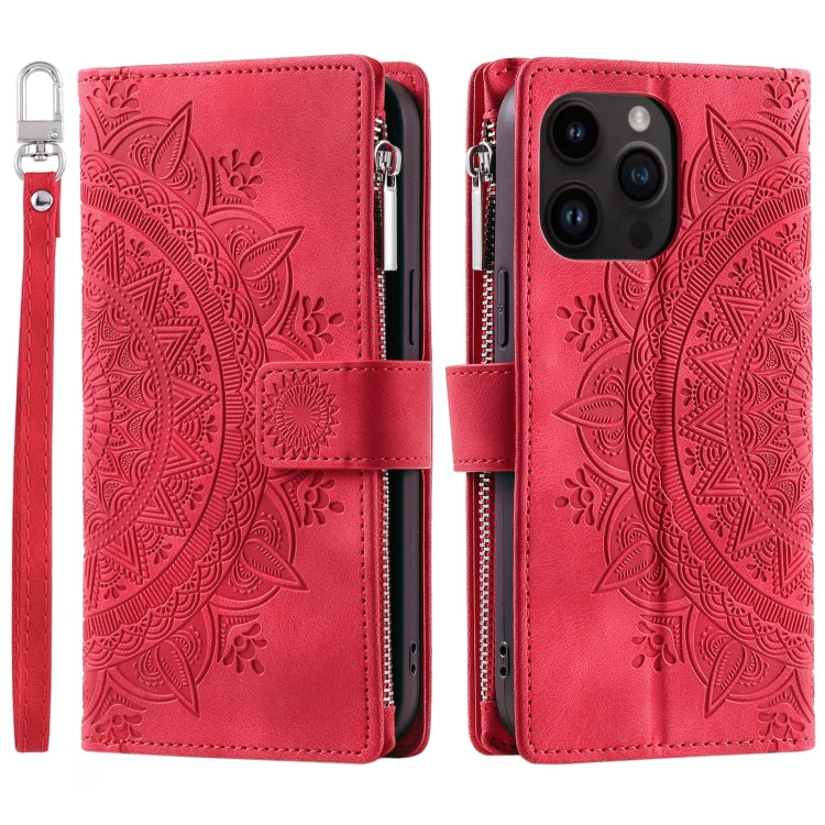 For iPhone 16 Pro Max Multi-Card Totem Zipper Leather Phone Case