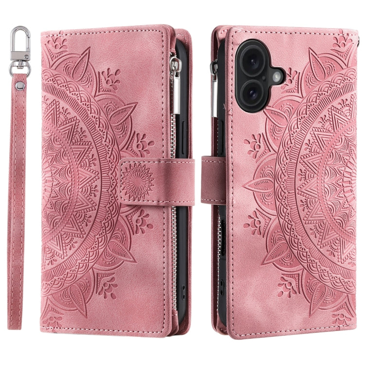 For iPhone 16 Plus Multi-Card Totem Zipper Leather Phone Case